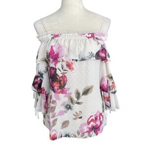 White House Black Market Colorful Floral Off Shoulder Top Women XS Feminine Chic